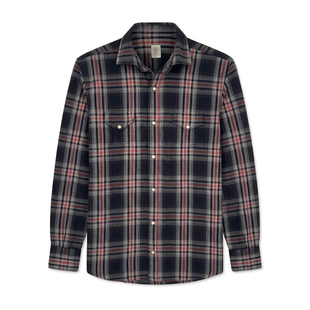 Eleventy Platinum Special Collection Plaid Flannel Shirt Black Red Pearl Snaps M